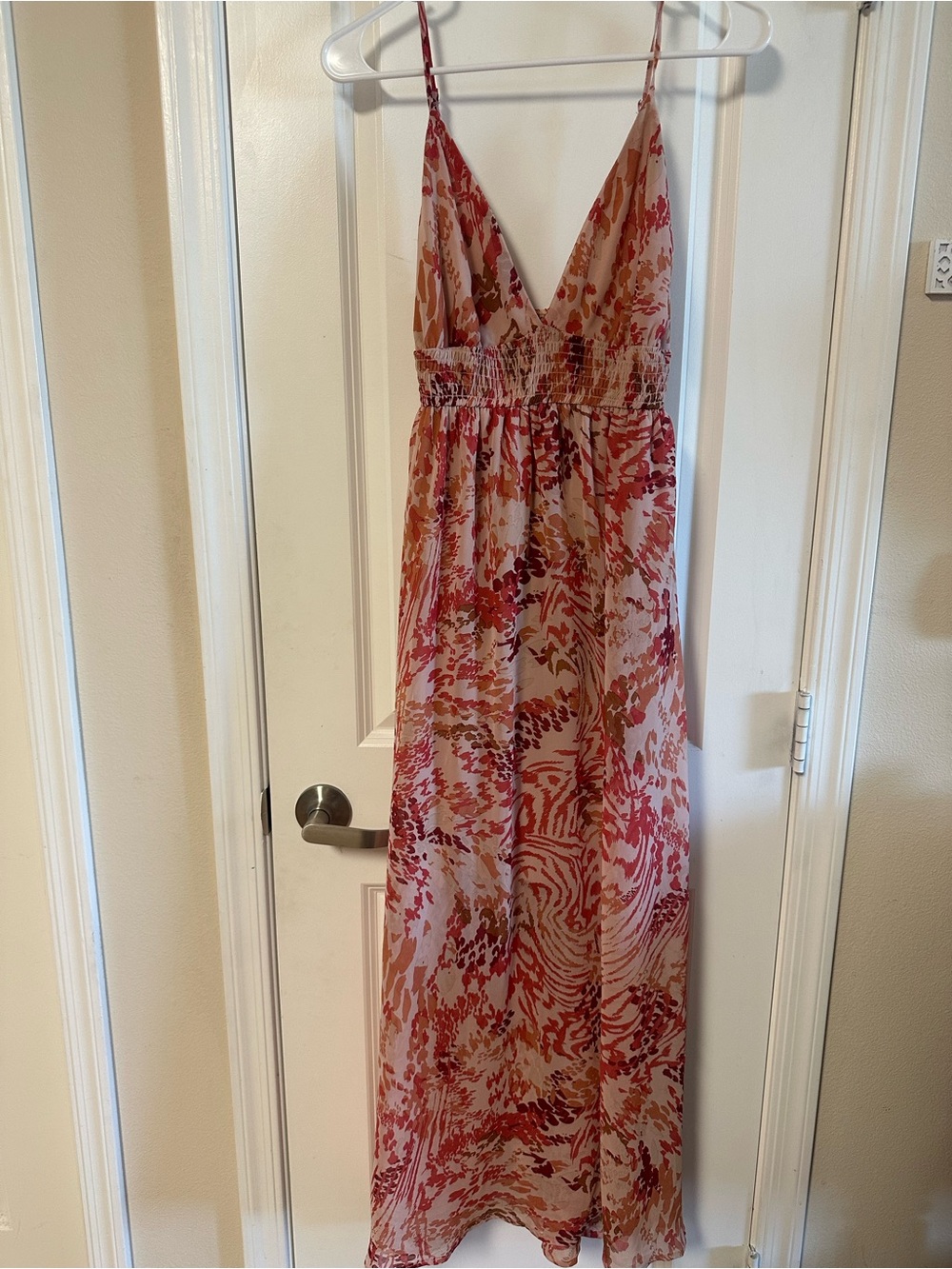 Floral V-Neck Maxi Dress with Smocked Waist in Pink and Tan